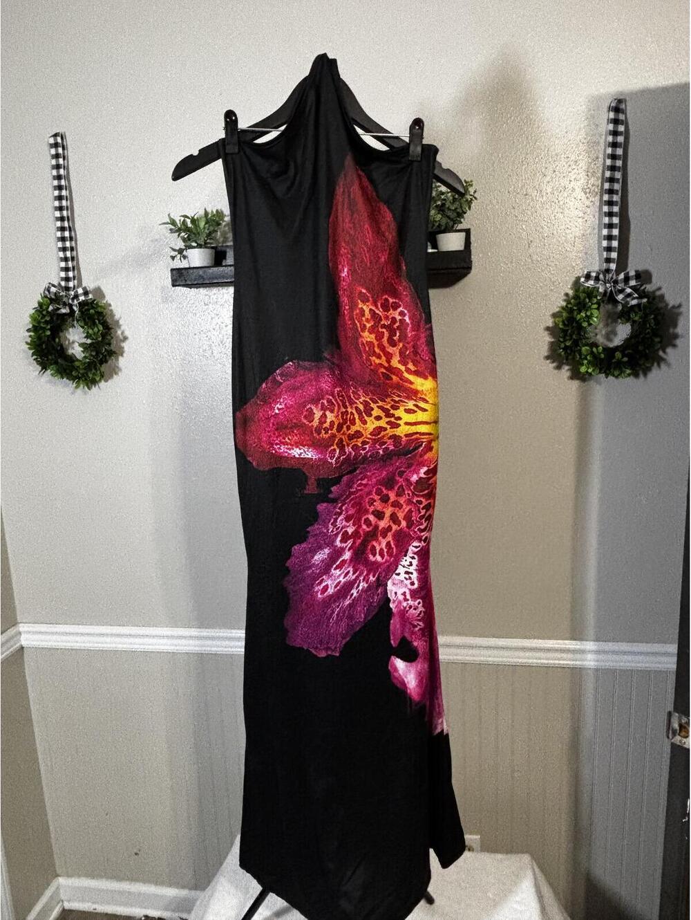 Black Maxi Dress with Large Pink and Yellow Floral Print